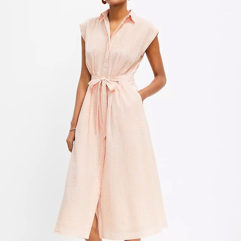 Loft Pink Striped Seersucker Midi Pocket Shirtdress with Pockets, size 12